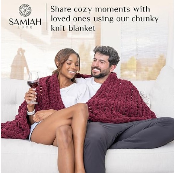 Chunky Knit Blanket Throw 50x60, Red Wine Chunky Knit Throw Blanket for Couch, Large Chunky Knitted Throw Blanket, Chenille Throw Blanket, Knit Throw Blanket for Bed, Knit Chunky Blanket