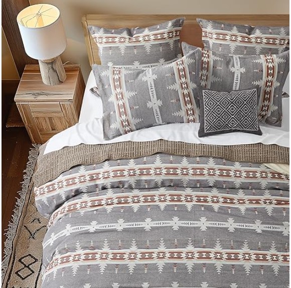 Corrales Duvet Cover Set - King Duvet Cover + Two King Pillow Shams - Aztec - Grey, Brick Red, Cream and Taupe - Duvet Cover (106 x 94in.) and Pillow Shams (36 x 20in.) - Cotton