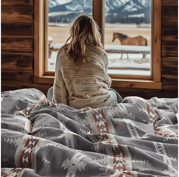Corrales Duvet Cover Set - King Duvet Cover + Two King Pillow Shams - Aztec - Grey, Brick Red, Cream and Taupe - Duvet Cover (106 x 94in.) and Pillow Shams (36 x 20in.) - Cotton