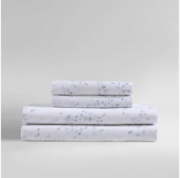 Queen Sheet Set, Cotton Sateen Bedding Set, Luxuriously Soft Home Decor (Airy Botanical Blue, Queen)