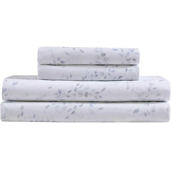 Queen Sheet Set, Cotton Sateen Bedding Set, Luxuriously Soft Home Decor (Airy Botanical Blue, Queen)
