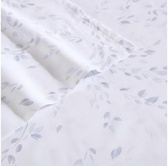Queen Sheet Set, Cotton Sateen Bedding Set, Luxuriously Soft Home Decor (Airy Botanical Blue, Queen)