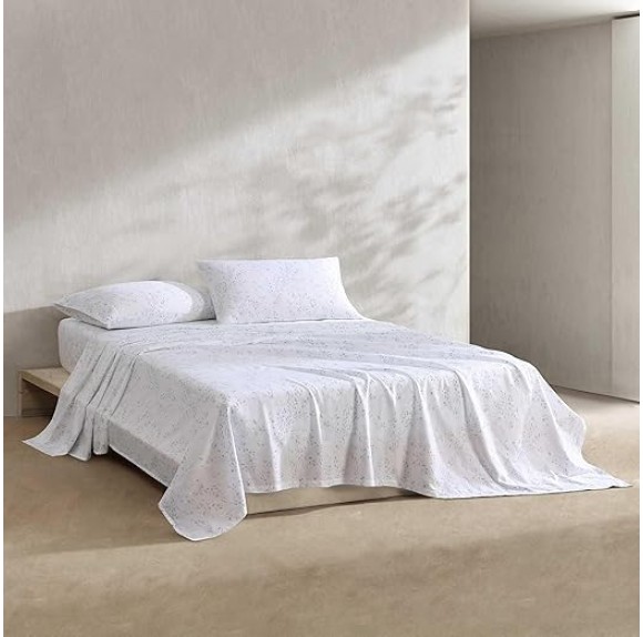 Queen Sheet Set, Cotton Sateen Bedding Set, Luxuriously Soft Home Decor (Airy Botanical Blue, Queen)