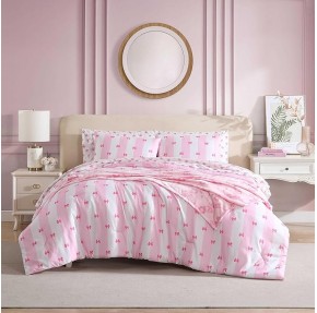 Full Comforter Set, Super Soft 8-Piece Bedding with Matching Sham & Sheets, Includes Bonus Pillowcase & Reversible Plush Throw, Chic Room Decor (Bow Stripe Pink, Full)