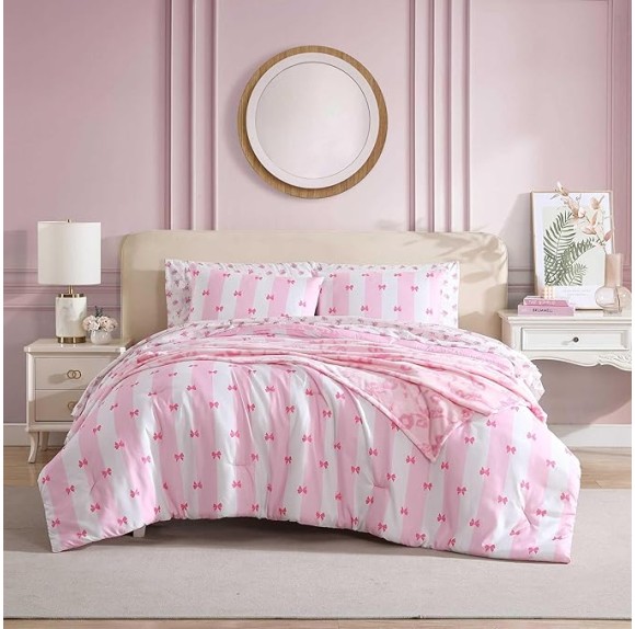 Full Comforter Set, Super Soft 8-Piece Bedding with Matching Sham & Sheets, Includes Bonus Pillowcase & Reversible Plush Throw, Chic Room Decor (Bow Stripe Pink, Full)