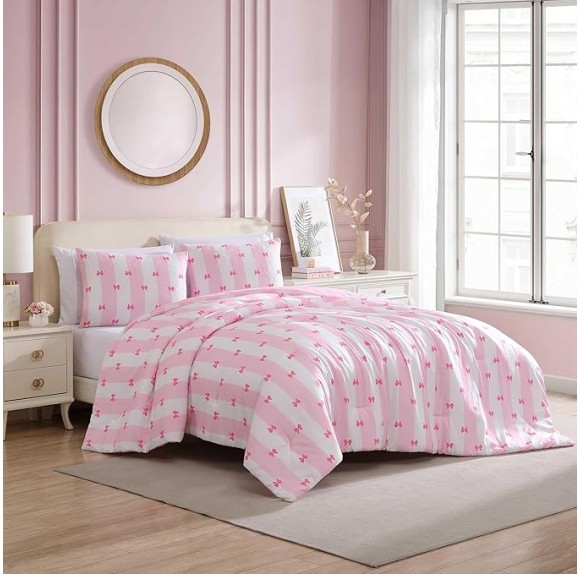 Full Comforter Set, Super Soft 8-Piece Bedding with Matching Sham & Sheets, Includes Bonus Pillowcase & Reversible Plush Throw, Chic Room Decor (Bow Stripe Pink, Full)