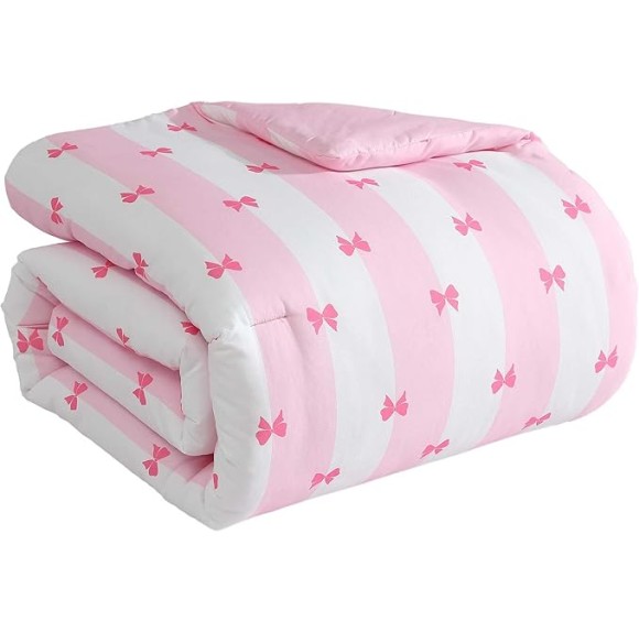Full Comforter Set, Super Soft 8-Piece Bedding with Matching Sham & Sheets, Includes Bonus Pillowcase & Reversible Plush Throw, Chic Room Decor (Bow Stripe Pink, Full)