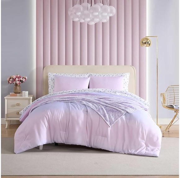 Twin Comforter Set, Super Soft 6-Piece Bedding with Matching Sham & Sheets, Includes Bonus Pillowcase & Reversible Plush Throw, Chic Room Decor (Ombre Purple, Twin)