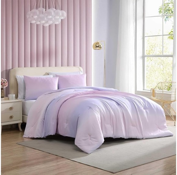Twin Comforter Set, Super Soft 6-Piece Bedding with Matching Sham & Sheets, Includes Bonus Pillowcase & Reversible Plush Throw, Chic Room Decor (Ombre Purple, Twin)