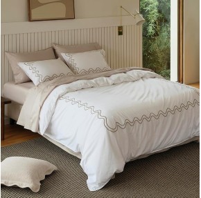 Double Stitch Supima Cotton Duvet Cover Set - 100% American Grown Cotton Embroidery Duvet Cover Queen, Luxury 600 Thread Count Sateen Weave, Hotel Quality Bedding Set, Sandstone, 90" x 90"