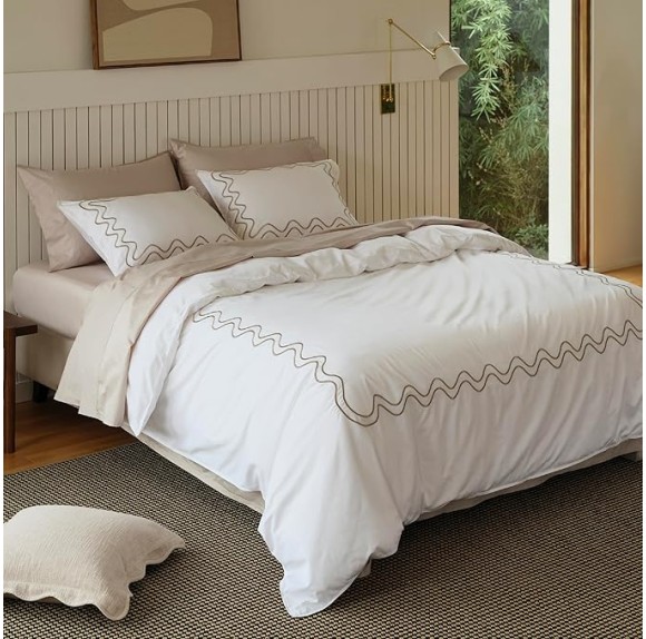 Double Stitch Supima Cotton Duvet Cover Set - 100% American Grown Cotton Embroidery Duvet Cover Queen, Luxury 600 Thread Count Sateen Weave, Hotel Quality Bedding Set, Sandstone, 90" x 90"