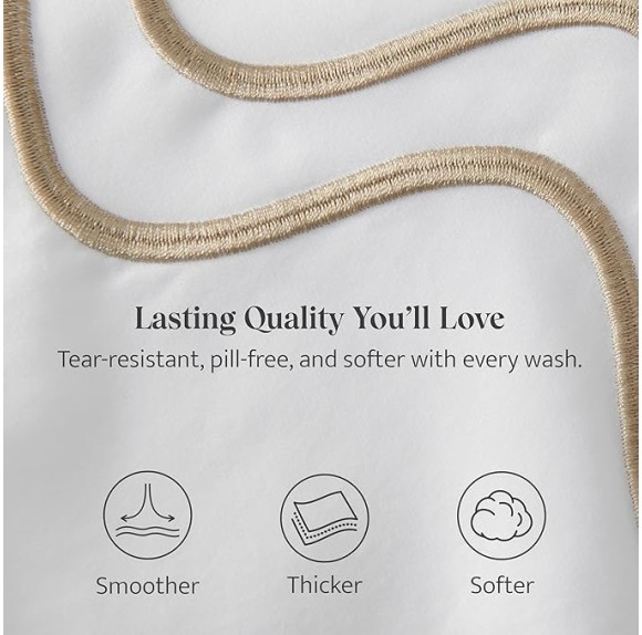 Double Stitch Supima Cotton Duvet Cover Set - 100% American Grown Cotton Embroidery Duvet Cover Queen, Luxury 600 Thread Count Sateen Weave, Hotel Quality Bedding Set, Sandstone, 90" x 90"