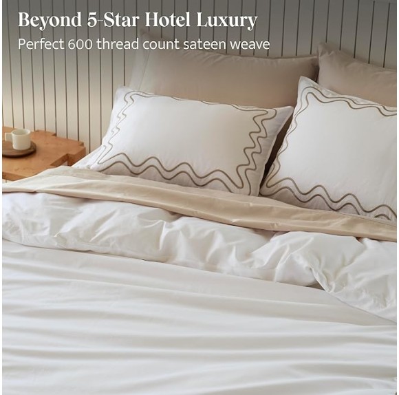 Double Stitch Supima Cotton Duvet Cover Set - 100% American Grown Cotton Embroidery Duvet Cover Queen, Luxury 600 Thread Count Sateen Weave, Hotel Quality Bedding Set, Sandstone, 90" x 90"