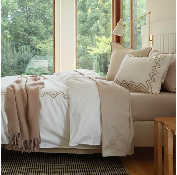 Double Stitch Supima Cotton Duvet Cover Set - 100% American Grown Cotton Embroidery Duvet Cover Queen, Luxury 600 Thread Count Sateen Weave, Hotel Quality Bedding Set, Sandstone, 90" x 90"
