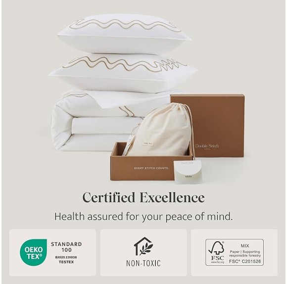 Double Stitch Supima Cotton Duvet Cover Set - 100% American Grown Cotton Embroidery Duvet Cover Queen, Luxury 600 Thread Count Sateen Weave, Hotel Quality Bedding Set, Sandstone, 90" x 90"
