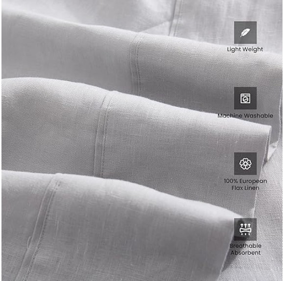 New Season Linen Sheets Set - 100% European Flax Linen Sheets Queen, Soft, Breathable & Durable Luxury 4 Pcs Set (1 Flat Sheet, 1 Fitted Sheet, 2 Pillowcases) (Queen, Grey)