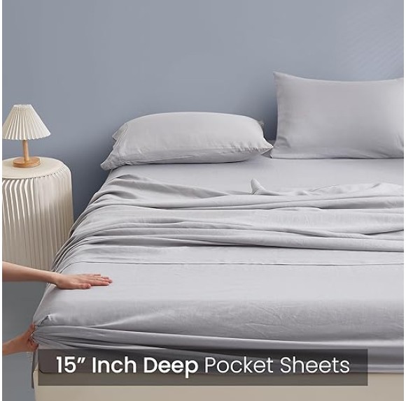 New Season Linen Sheets Set - 100% European Flax Linen Sheets Queen, Soft, Breathable & Durable Luxury 4 Pcs Set (1 Flat Sheet, 1 Fitted Sheet, 2 Pillowcases) (Queen, Grey)