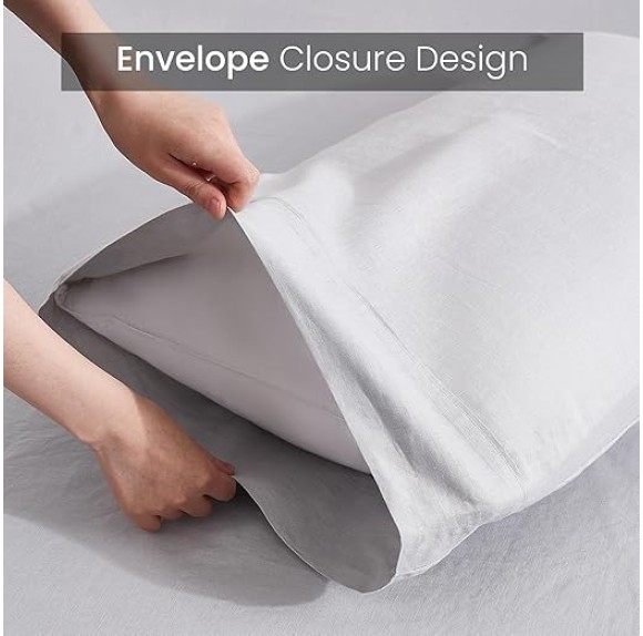 New Season Linen Sheets Set - 100% European Flax Linen Sheets Queen, Soft, Breathable & Durable Luxury 4 Pcs Set (1 Flat Sheet, 1 Fitted Sheet, 2 Pillowcases) (Queen, Grey)