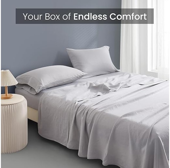 New Season Linen Sheets Set - 100% European Flax Linen Sheets Queen, Soft, Breathable & Durable Luxury 4 Pcs Set (1 Flat Sheet, 1 Fitted Sheet, 2 Pillowcases) (Queen, Grey)