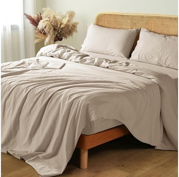 100% French Linen Sheets - Queen Size Bed Sheets, Breathable & Cooling Pure Linen Sheets,Soft Durable and Tear Resistant -16 Inch Deep Pocket - 4Pcs (Linen, Queen)