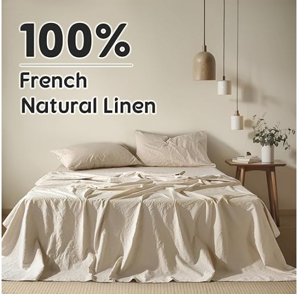 100% French Linen Sheets - Queen Size Bed Sheets, Breathable & Cooling Pure Linen Sheets,Soft Durable and Tear Resistant -16 Inch Deep Pocket - 4Pcs (Linen, Queen)