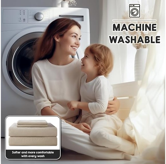 100% French Linen Sheets - Queen Size Bed Sheets, Breathable & Cooling Pure Linen Sheets,Soft Durable and Tear Resistant -16 Inch Deep Pocket - 4Pcs (Linen, Queen)