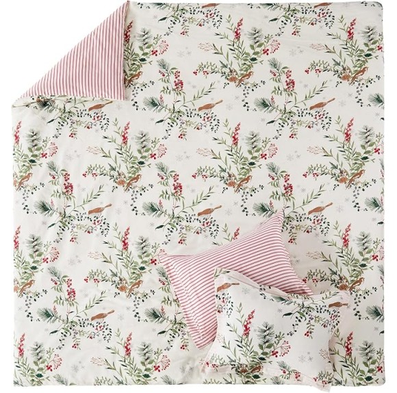 Winterberry Forest Duvet Cover Set - King Duvet Cover (106 x 94in.)+ Two King Pillow Cases (36 x 20in.) - Berry Branches - Green Red Grey and Cream - Cotton