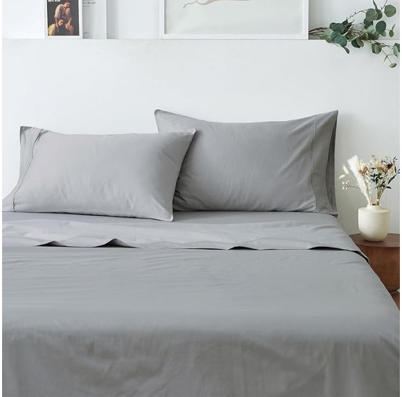 100% Cotton Sateen King Size Sheet Set - 4 Pc 15" Deep Pocket Grey Bed Sheets with Pillowcases - Smooth Sateen Weave, Luxurious 400 Thread Count Bedding Set (King, Fog Grey)
