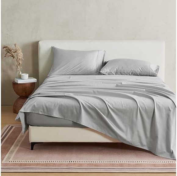 100% Cotton Sateen King Size Sheet Set - 4 Pc 15" Deep Pocket Grey Bed Sheets with Pillowcases - Smooth Sateen Weave, Luxurious 400 Thread Count Bedding Set (King, Fog Grey)