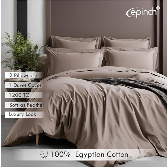Epinch_ Duvet Cover Set 1200 TC, 100% Cotton Luxurious Soft Home & Hotel 3-Piece 1-Duvet Cover 2-Sham Zipper & Tie Closure Pack of 1 (Taupe, Super King Plus_120 X 120 Inch)