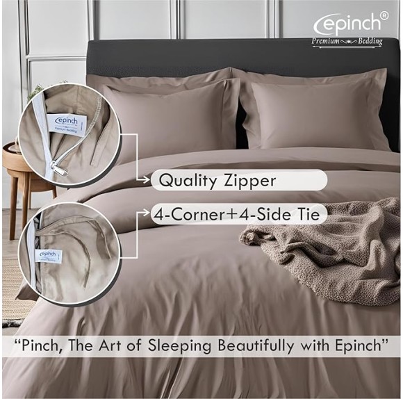 Epinch_ Duvet Cover Set 1200 TC, 100% Cotton Luxurious Soft Home & Hotel 3-Piece 1-Duvet Cover 2-Sham Zipper & Tie Closure Pack of 1 (Taupe, Super King Plus_120 X 120 Inch)