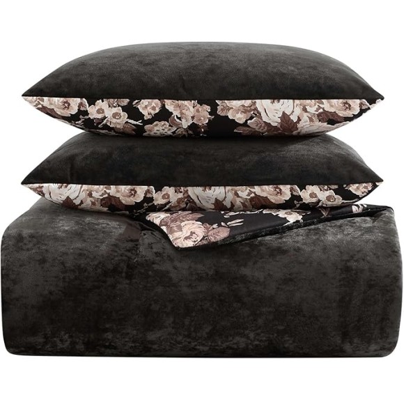 King Comforter Set, Velvet Bedding with Matching Shams, Floral Home Decor, Oeko-Tex Certified (Velvet Solid Black, King)