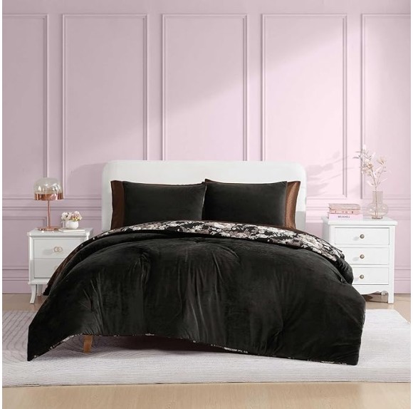 Full/Queen Duvet Cover Set, Velvet Bedding with Matching Shams, Floral Home Decor, Oeko-Tex Certified (Velvet Solid Black, Full/Queen)