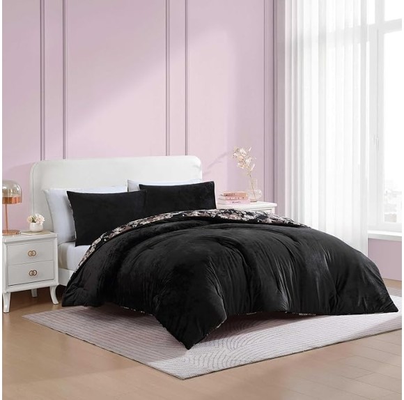 Full/Queen Duvet Cover Set, Velvet Bedding with Matching Shams, Floral Home Decor, Oeko-Tex Certified (Velvet Solid Black, Full/Queen)