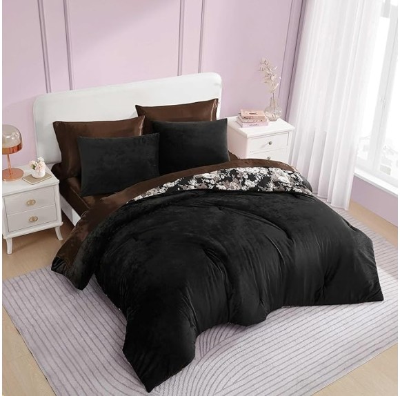 Full/Queen Duvet Cover Set, Velvet Bedding with Matching Shams, Floral Home Decor, Oeko-Tex Certified (Velvet Solid Black, Full/Queen)
