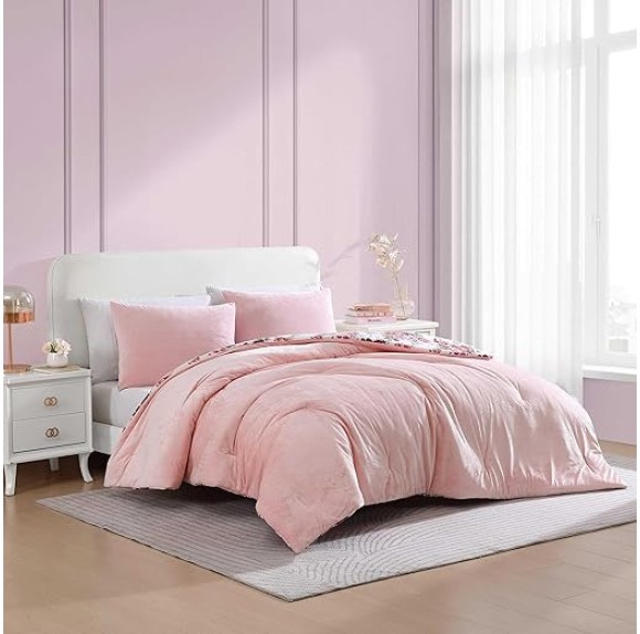 Full/Queen Comforter Set, Velvet Bedding with Matching Shams, Floral Home Decor, Oeko-Tex Certified (Velvet Solid Pink, Full/Queen)