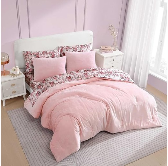 Full/Queen Comforter Set, Velvet Bedding with Matching Shams, Floral Home Decor, Oeko-Tex Certified (Velvet Solid Pink, Full/Queen)