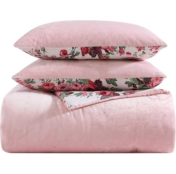 Full/Queen Comforter Set, Velvet Bedding with Matching Shams, Floral Home Decor, Oeko-Tex Certified (Velvet Solid Pink, Full/Queen)