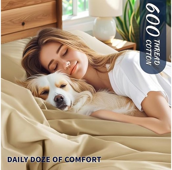 100% Cotton King Size Sheets Set - 600 Thread Count，Luxury Egyptian Cotton Bed Sheets，5-Star Hotel Quality Sheets, Breathable & Cooling, 16 Inch Deep Pocket - 4 Piece (Beige, King)