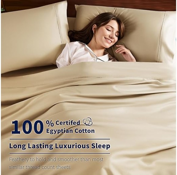 100% Cotton King Size Sheets Set - 600 Thread Count，Luxury Egyptian Cotton Bed Sheets，5-Star Hotel Quality Sheets, Breathable & Cooling, 16 Inch Deep Pocket - 4 Piece (Beige, King)