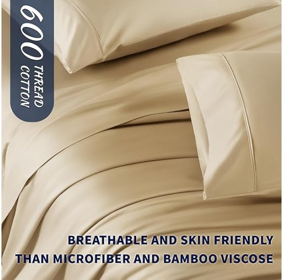 100% Cotton King Size Sheets Set - 600 Thread Count，Luxury Egyptian Cotton Bed Sheets，5-Star Hotel Quality Sheets, Breathable & Cooling, 16 Inch Deep Pocket - 4 Piece (Beige, King)