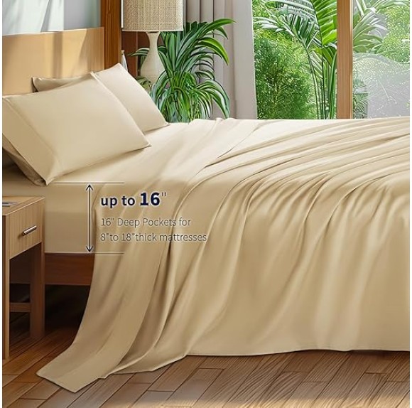 100% Cotton King Size Sheets Set - 600 Thread Count，Luxury Egyptian Cotton Bed Sheets，5-Star Hotel Quality Sheets, Breathable & Cooling, 16 Inch Deep Pocket - 4 Piece (Beige, King)