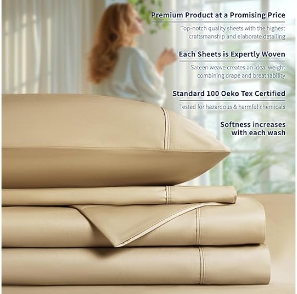 100% Cotton King Size Sheets Set - 600 Thread Count，Luxury Egyptian Cotton Bed Sheets，5-Star Hotel Quality Sheets, Breathable & Cooling, 16 Inch Deep Pocket - 4 Piece (Beige, King)
