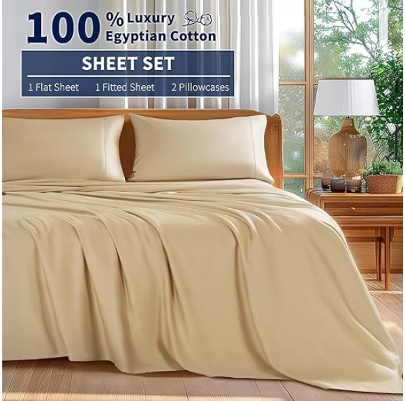 100% Cotton King Size Sheets Set - 600 Thread Count，Luxury Egyptian Cotton Bed Sheets，5-Star Hotel Quality Sheets, Breathable & Cooling, 16 Inch Deep Pocket - 4 Piece (Beige, King)