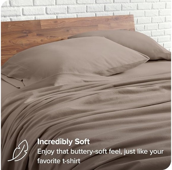 100% Organic Cotton T-Shirt Fabric Sheet Set, Ultra Soft, 100% Cotton Jersey - Sheet Set & Pillowcases - Deep Pocket Bed Sheets (Split King, Taupe)