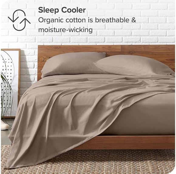 100% Organic Cotton T-Shirt Fabric Sheet Set, Ultra Soft, 100% Cotton Jersey - Sheet Set & Pillowcases - Deep Pocket Bed Sheets (Split King, Taupe)