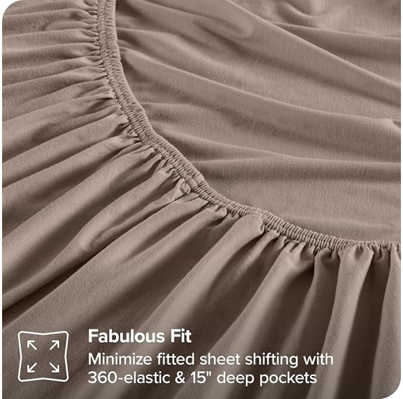 100% Organic Cotton T-Shirt Fabric Sheet Set, Ultra Soft, 100% Cotton Jersey - Sheet Set & Pillowcases - Deep Pocket Bed Sheets (Split King, Taupe)