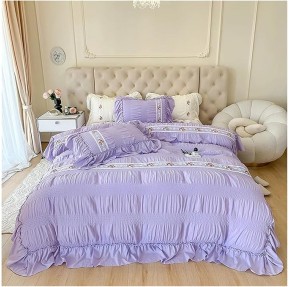 French Style Princess Bedding Set Lace Ruffles Seersucker Flowers Embroidery Washed Cotton Duvet Cover Set Bed Sheet Pillowcases,Bedding