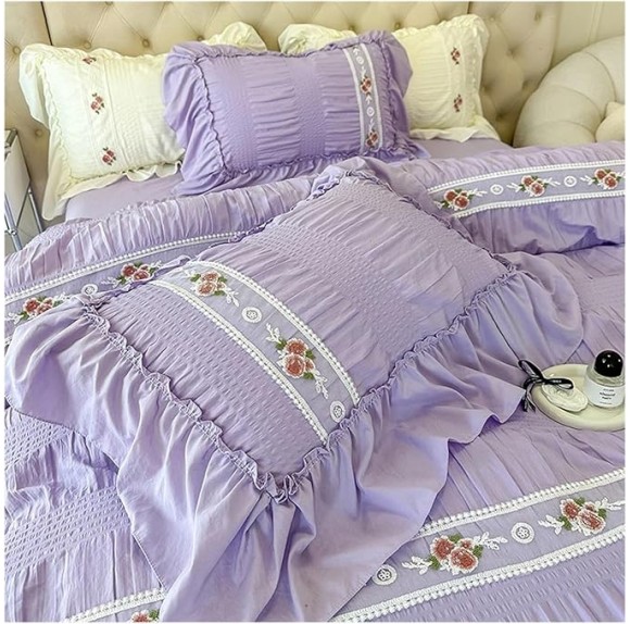 French Style Princess Bedding Set Lace Ruffles Seersucker Flowers Embroidery Washed Cotton Duvet Cover Set Bed Sheet Pillowcases,Bedding