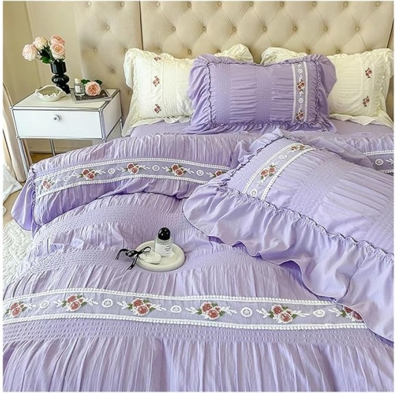 French Style Princess Bedding Set Lace Ruffles Seersucker Flowers Embroidery Washed Cotton Duvet Cover Set Bed Sheet Pillowcases,Bedding